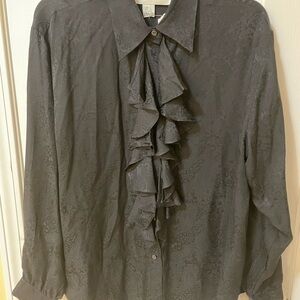Silk Exchange 100% Silk Black Jacquard Ruffle Blouse Size L 🖤✨